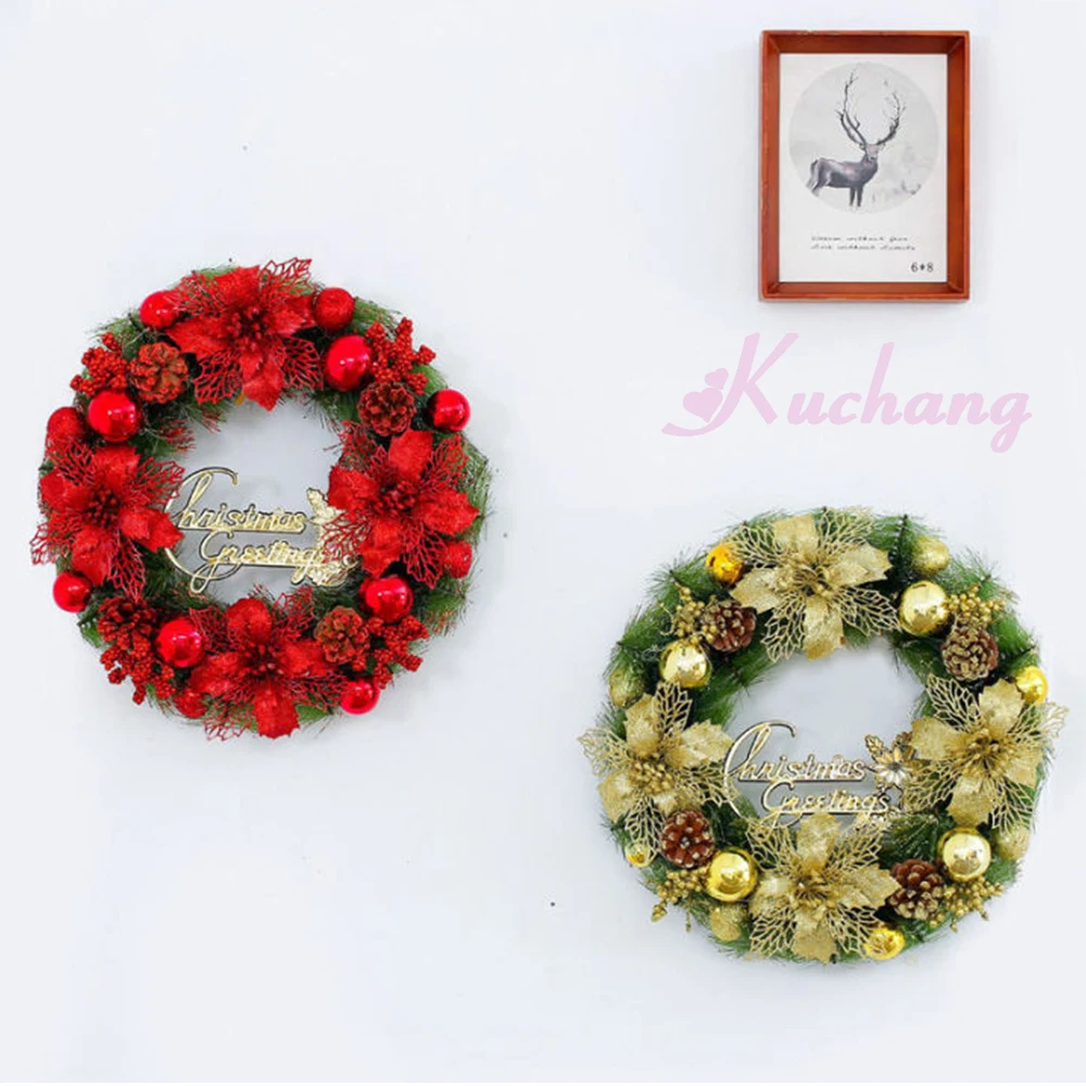 

35cm Garland Arrangement Elegant Red Gold Christmas Wreath Window Door Wall Ornament New Year Home Party Decor Hanging Garland