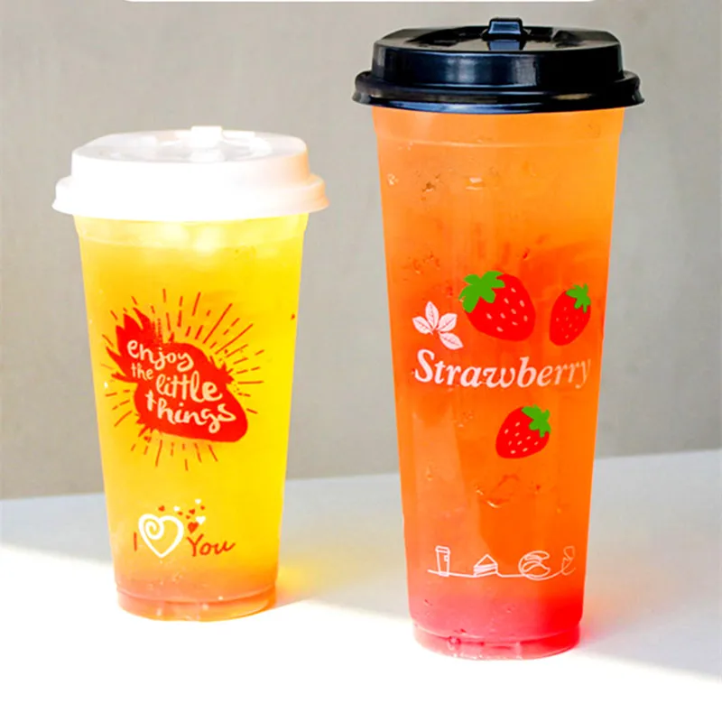 

50pcs High quality fruit strawberry milk tea plastic cups 500ml 700ml disposable transparent cup takeaway packaging with lid