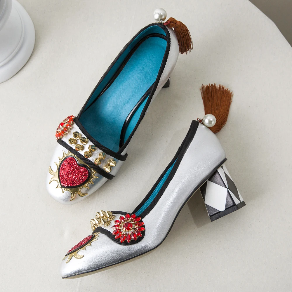 Модные женские 100% кожаные туфли на каблуке Комфортные со стразами весну и лето