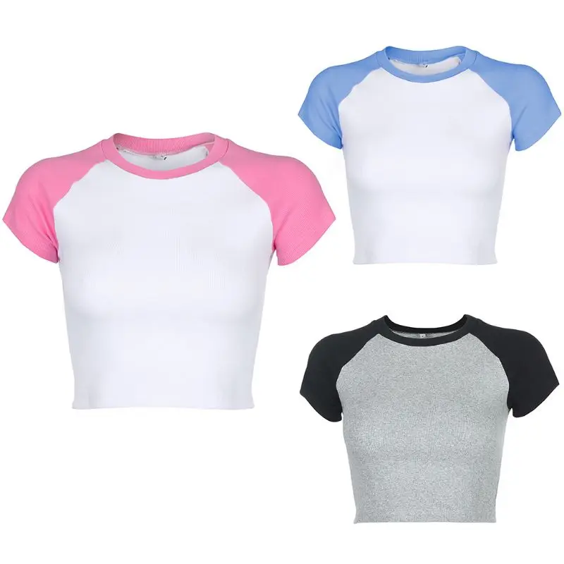 

Women Summer Raglan Short Sleeve T-Shirt Contrast Color Ribbed Knit Crop Top Crew Neck Bodycon Fit Harajuku Streetwear