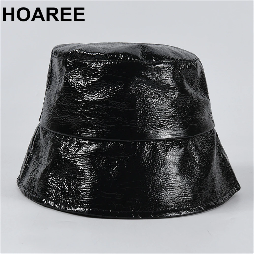 HOAREE Leather Bucket Hat Women Black Pu Female Harajuku Hat Autumn Winter Ladies Brand Solid Casual Fisherman Hat
