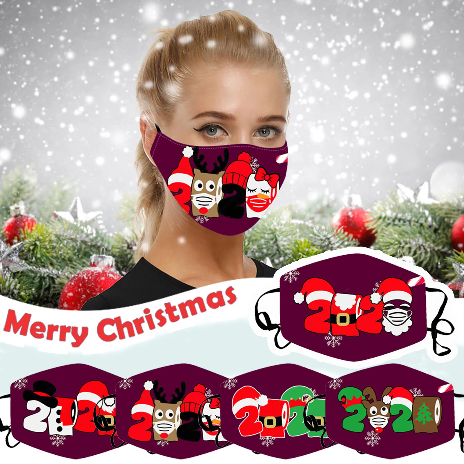 2020 Маска для лица с рождественским принтом моющаяся Тканевая защиты