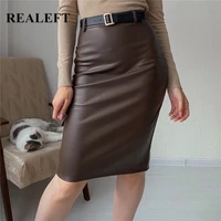 realeft pu leather wrap skirts with belted autumn winter 2021 new women stylish midi skirts high waist sheath pencil sexy skirts