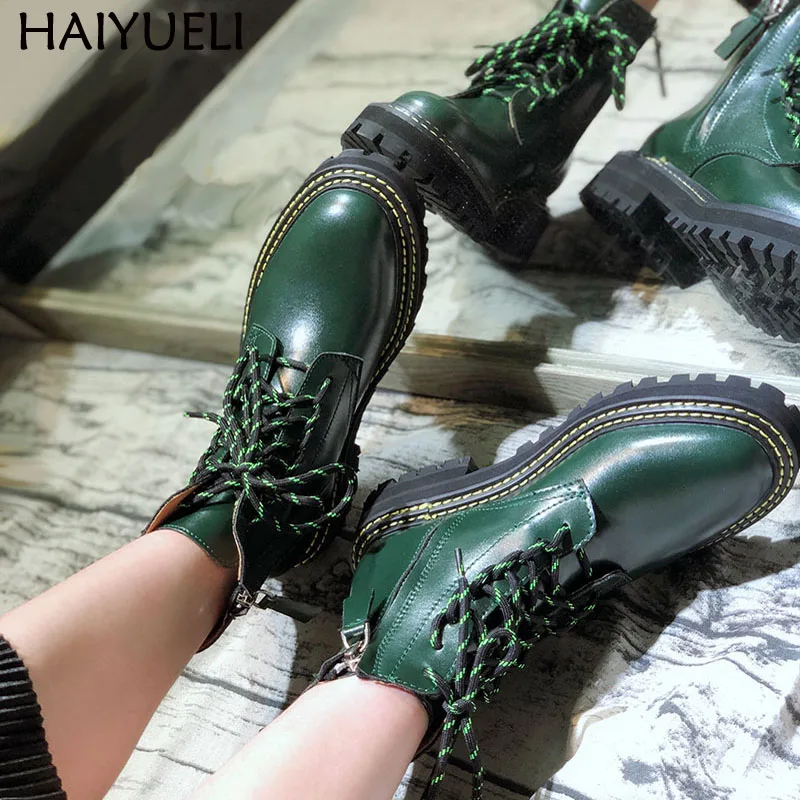 Красные ботинки модные Martens на низком каблуке со шнуровкой женские ботильоны