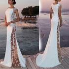 Женское пляжное платье с юбкой годе, Белое Атласное кружевное платье с лацканами и драгоценными камнями, платье невесты до щиколотки со шлейфом, лето 2019