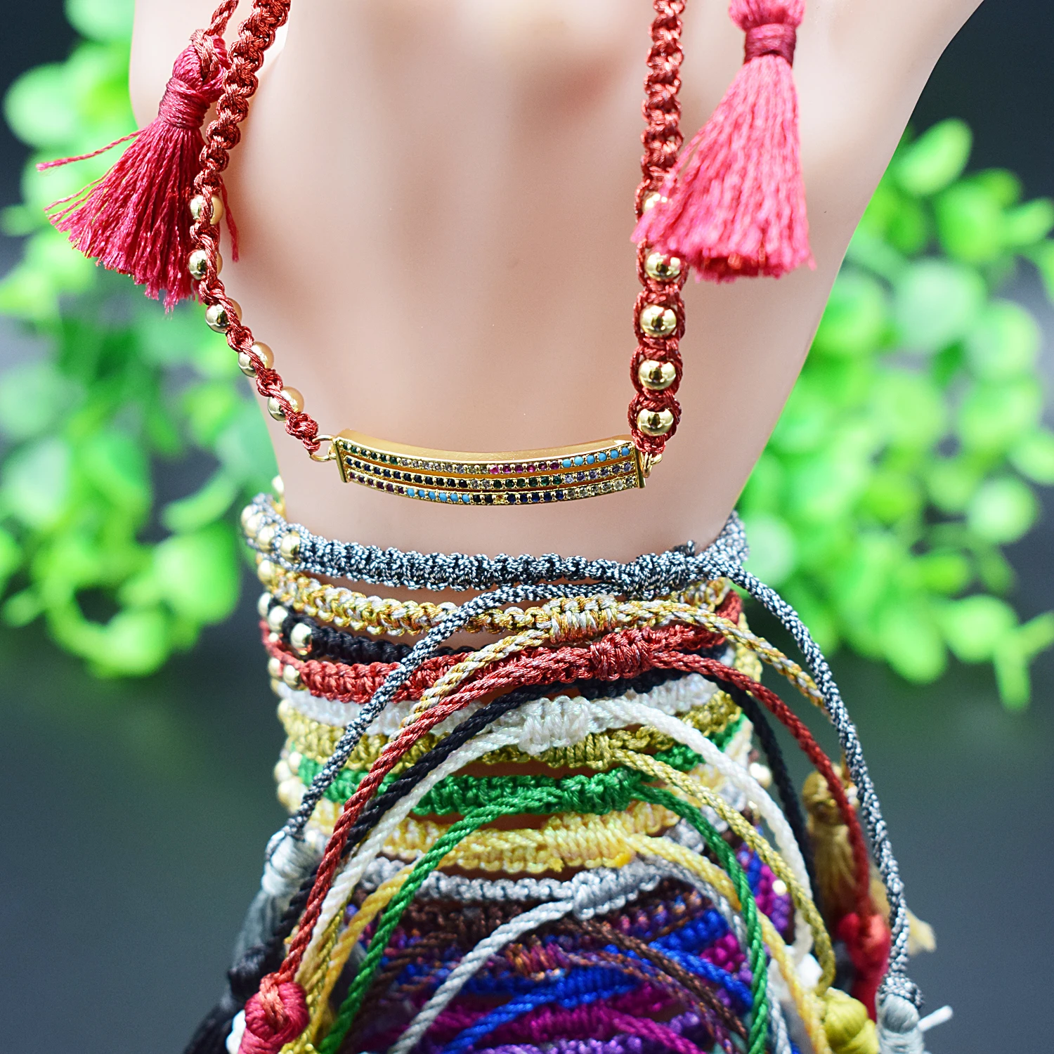 

Fashion 3 Layer CZ Rainbow Zircon Bracelet Stainless Steel Bead Red Rope Woven Tassel Bracelet Rectangular Woman Jewelry Gift