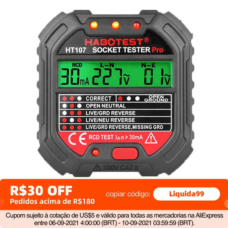 Habotest HT107 Socket Tester Pro Voltage Test RCD 30mA Detector UK EU Plug Ground Zero Line Polarity Phase Check | Инструменты