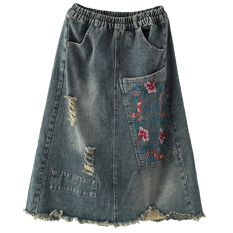 

2021 джинсы для женщин длинная юбка макси размера плюс в винтажном стиле с вышивкой уличная одежда из хлопка свободного кроя с эластичной рез...