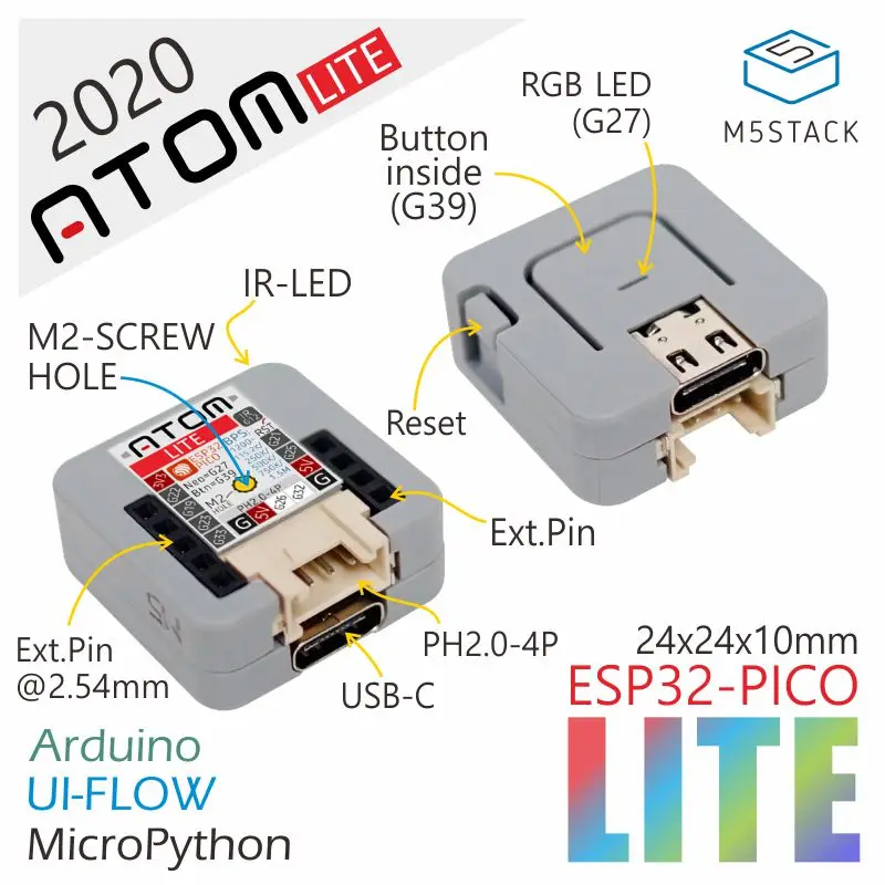 

M5Stack 2020 New Arrivial Official ATOM Lite ESP32 Development Kit Neo LED Arduino Blockly Programmable Kit