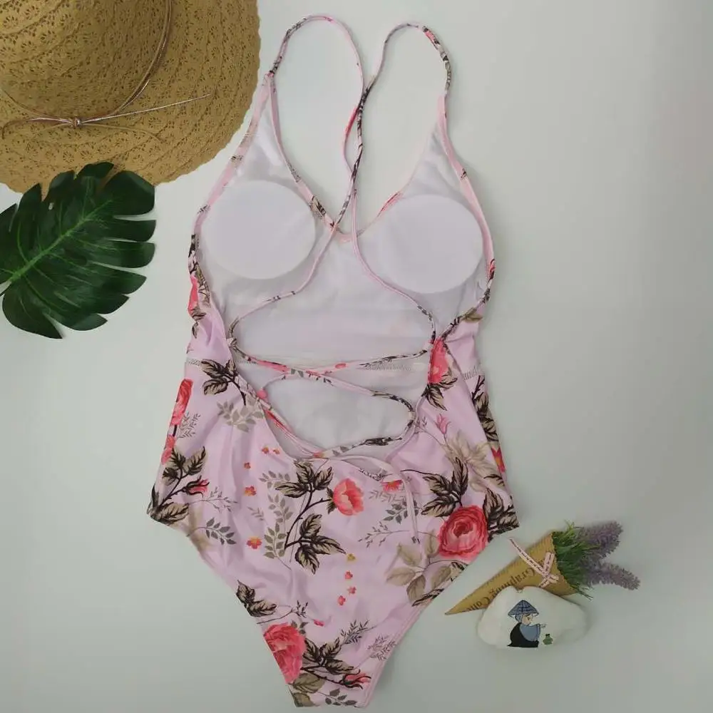 Женский слитный купальник с цветочным принтом монокини глубоким v-образным