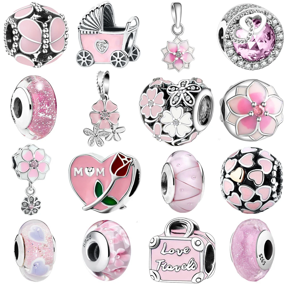 

Pink Flower European 925 Silver charms Pendant Glass Bead Fit Original Charm Silver Bracelet Trinket Jewelry Gift