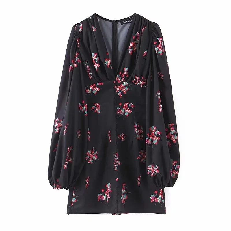 2019 Autumn Long Lanterns Leeve Black Floral Print Red V Neck Short Mini Slim Bodycon Dress Women MH117 | Женская одежда