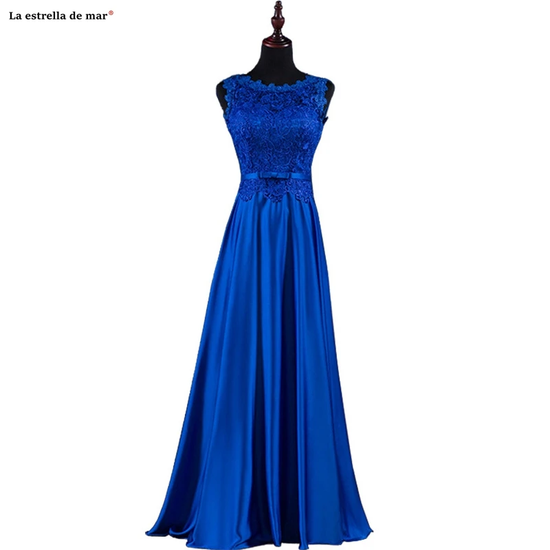 Vestidos de invitada de boda, новинка, кружевное атласное ТРАПЕЦИЕВИДНОЕ Королевское синее зеленое красное розовое платье подружки невесты, длинное платье, vestidos de fiesta de noche