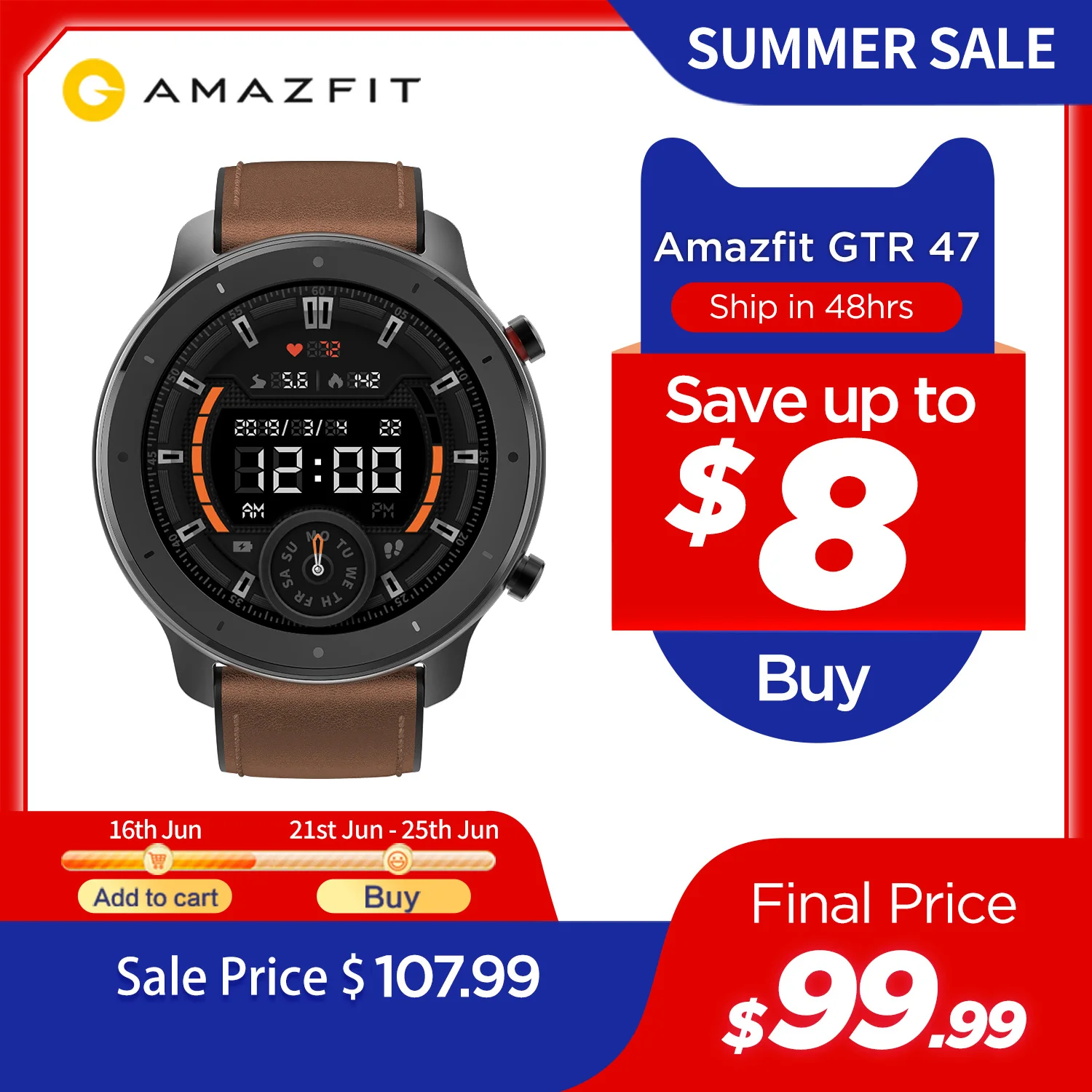 Global Version Amazfit GTR 47mm Smart Watch 5ATM New Smartwatch Long Battery Music Control For Android IOS Phone