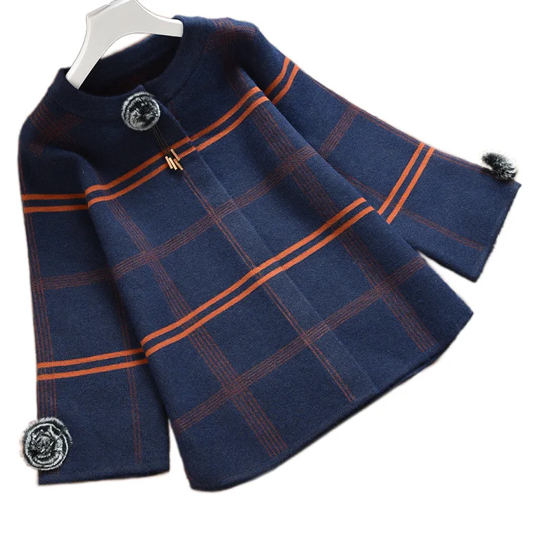wreeima 4 Colors Loose Knitted Coat Plaid Round Collar Covered Button Women's Long-sleeved Elegant Sweater |