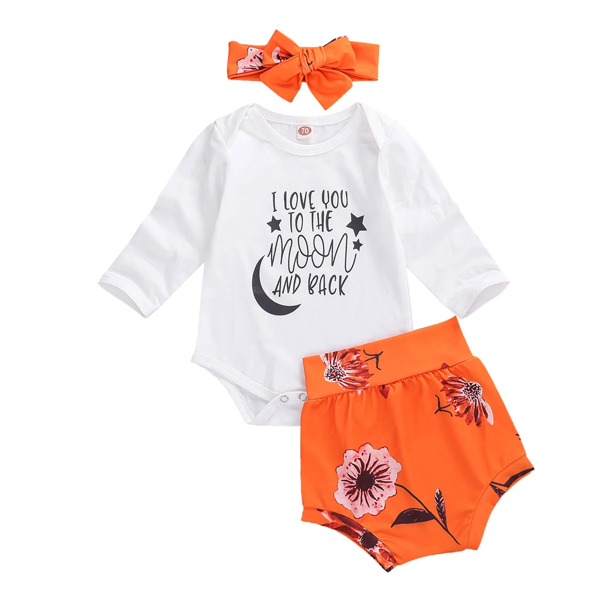 

3 Pcs Newborn Fashion Outfits, Infant Long Sleeve Round Neck Letter Romper Floral High Waist Shorts Bow Headband 0-18M