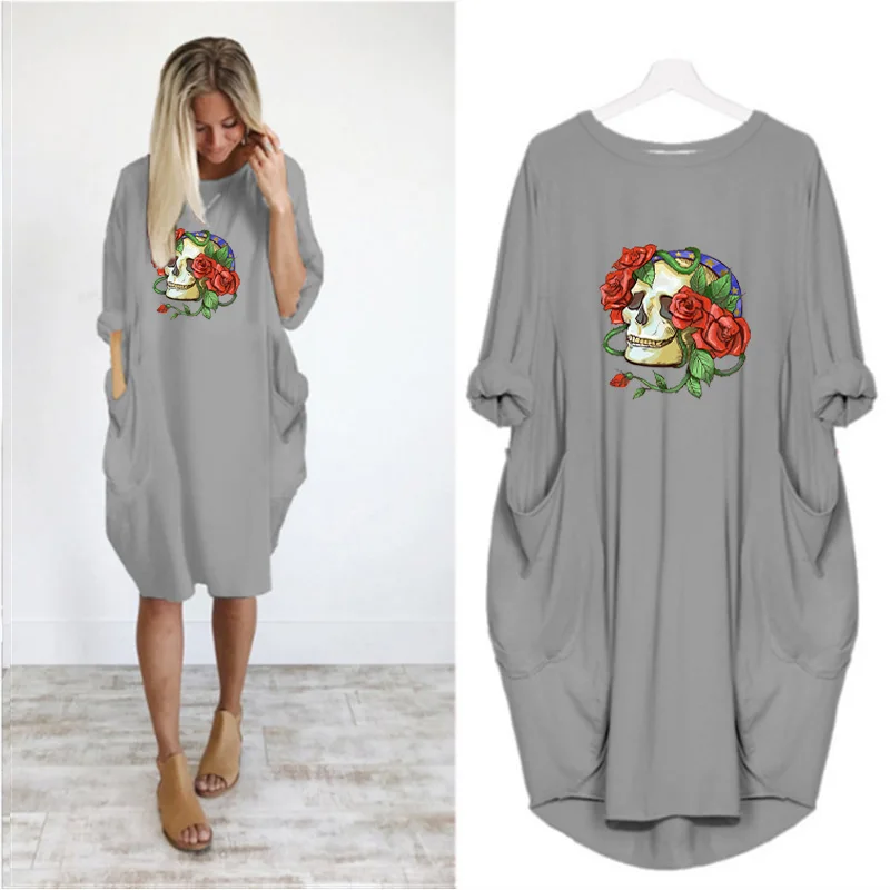

5XL Plus Size Lady Midi Dresses Skull Print Long Sleeve O Neck Autumn Party Club Loose Vintage Streetwear Vestidos Robe Femme