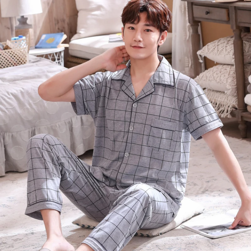 

Striped Cotton Men's Long Sleeve Pyjamas Set Spring Turn Down Blue Male Nightwear Pants Pajama Sets 2020 Korean Sleepwear Suits