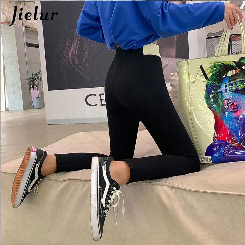 Черный Jielur хлопковые спортивные Леггинсы женские эластичные штаны с высокой талией корейская мода пэчворк обтягивающие серые черные леггинсы женские M-XL - Цвет: Черный