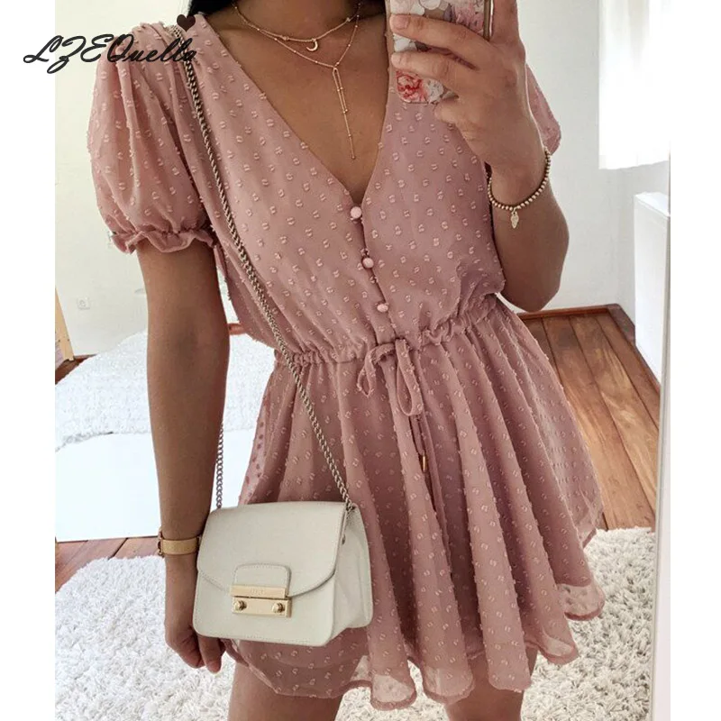 

Элегантное розовое вечернее платье в горошек, женское мини-платье с V-образным вырезом, коротким пышным рукавом, пуговицами и рюшами, женска...