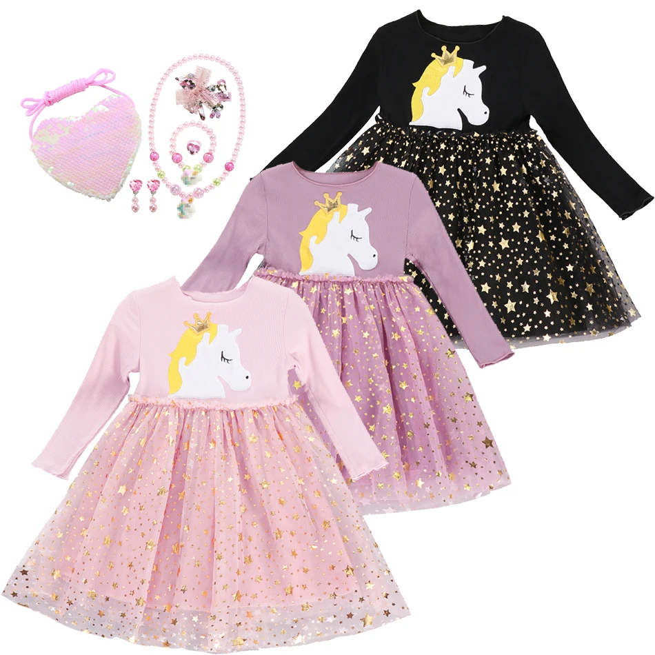 

Baby Girl Cute Unicorn Dresses Autumn Long Sleeve Knitted Dress Christmas Party Star Mesh Princess Children Clothing JYF
