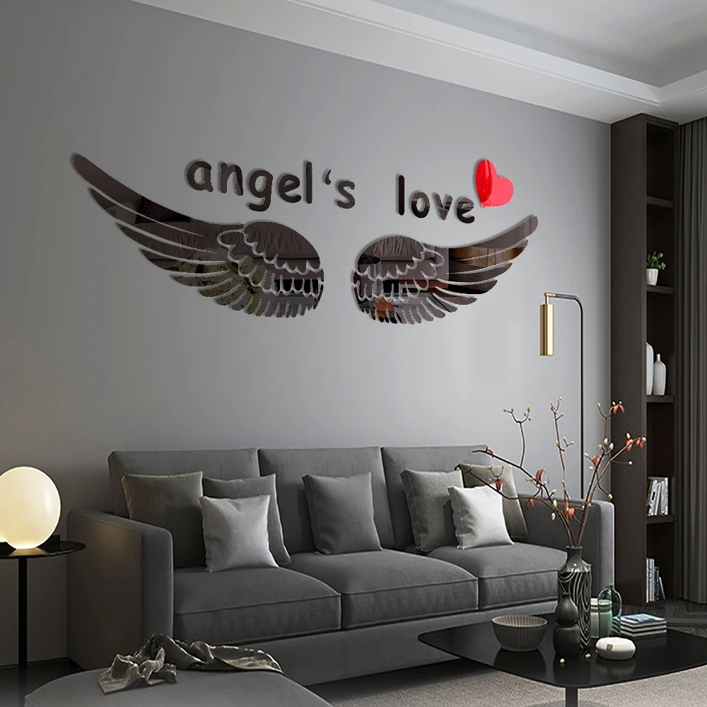 

Large Size 3D Black Spread Wings Angel Love Shape Living Room Bathroom Adhesive Acrylic Mirror Wall Sticker Creative Home Decor