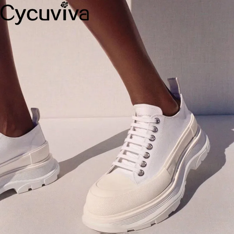 Женские парусиновые кроссовки на толстой плоской подошве Подиумные