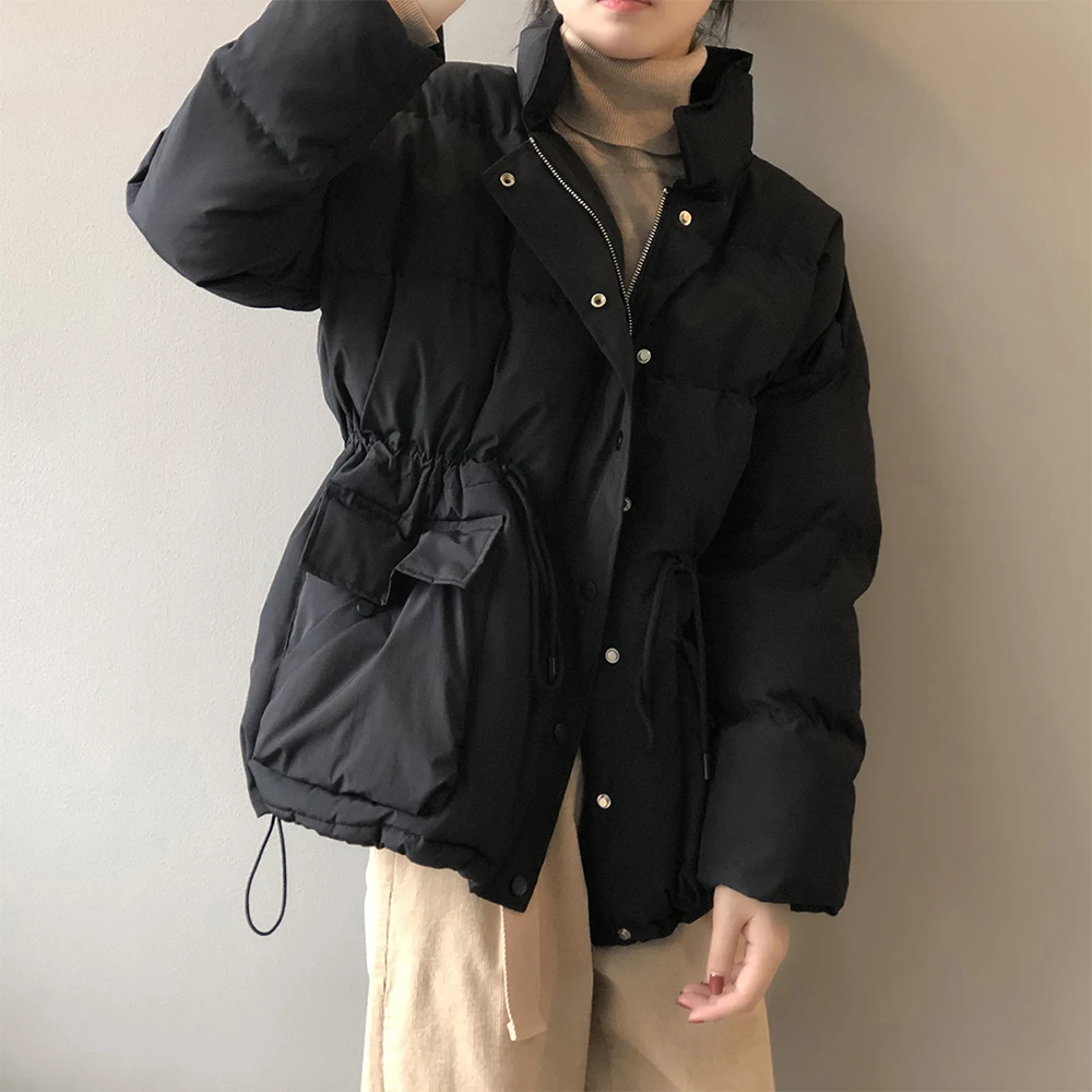 

Winter women's stand-up collar bread coat drawstring waist is thinner cotton short jacket warm windproof women's down parka