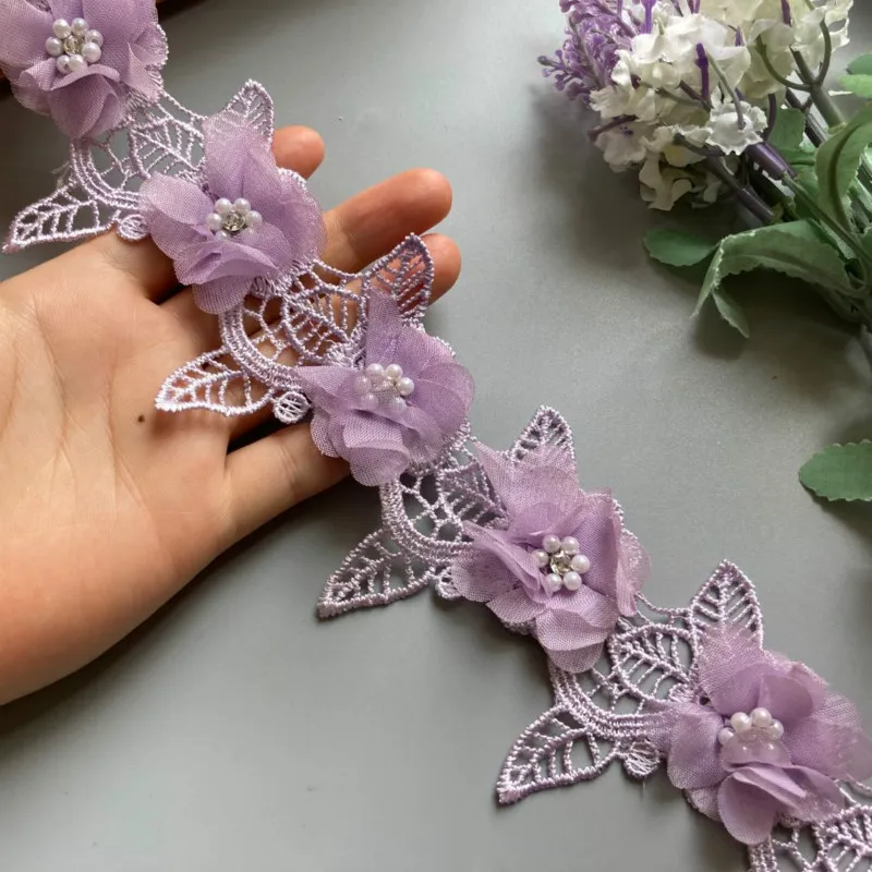 

2 yard Soluble Purple Pearl Rose Flower Embroidered Lace Trim Ribbon Fabric Sewing Craft For Costume DIY Hat Shoes Decoration