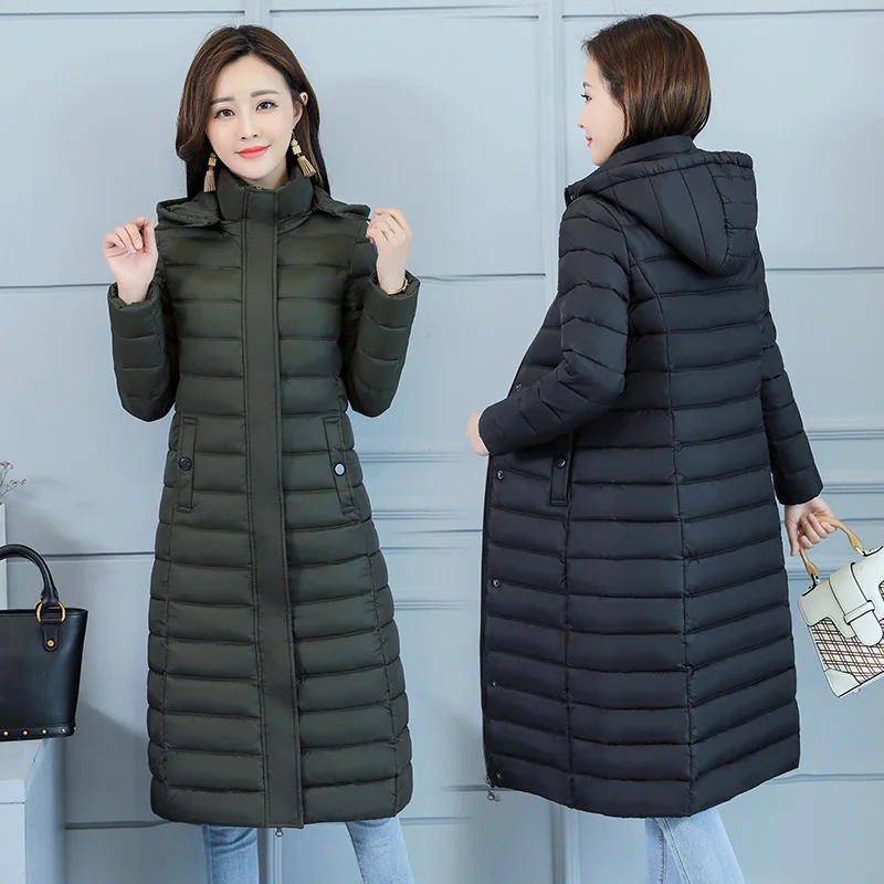 Зимняя женская куртка теплое хлопковое пальто с капюшоном длинная пуховая