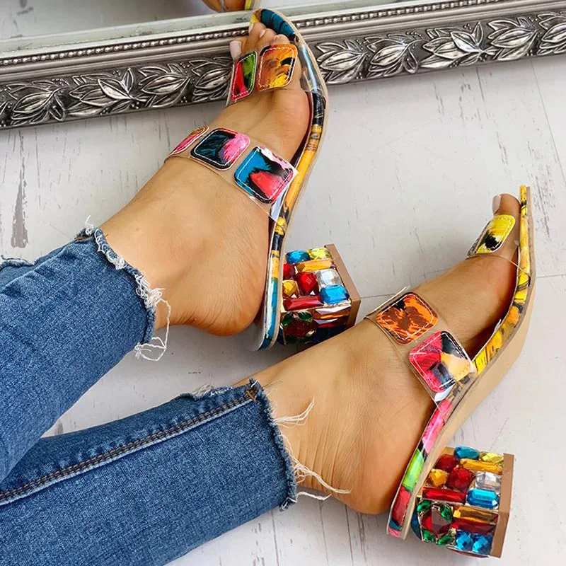 Сандалии женские с открытым носком босоножки со стразами обувь на квадратном