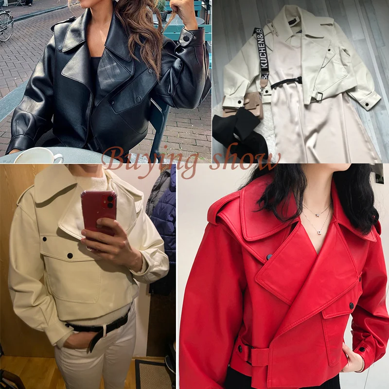 

New Autumn Women Faux Leather Jacket Pu Motorcycle Biker Red Coat Turndown Collar Loose Streetwear Black Punk Outerwear