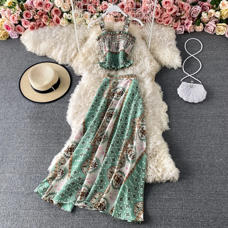 

Amolapha Woman Holiday Straps Vest+Pleated Skirts Suit Female Lady Retro Printed Tops Long Skirt Sets