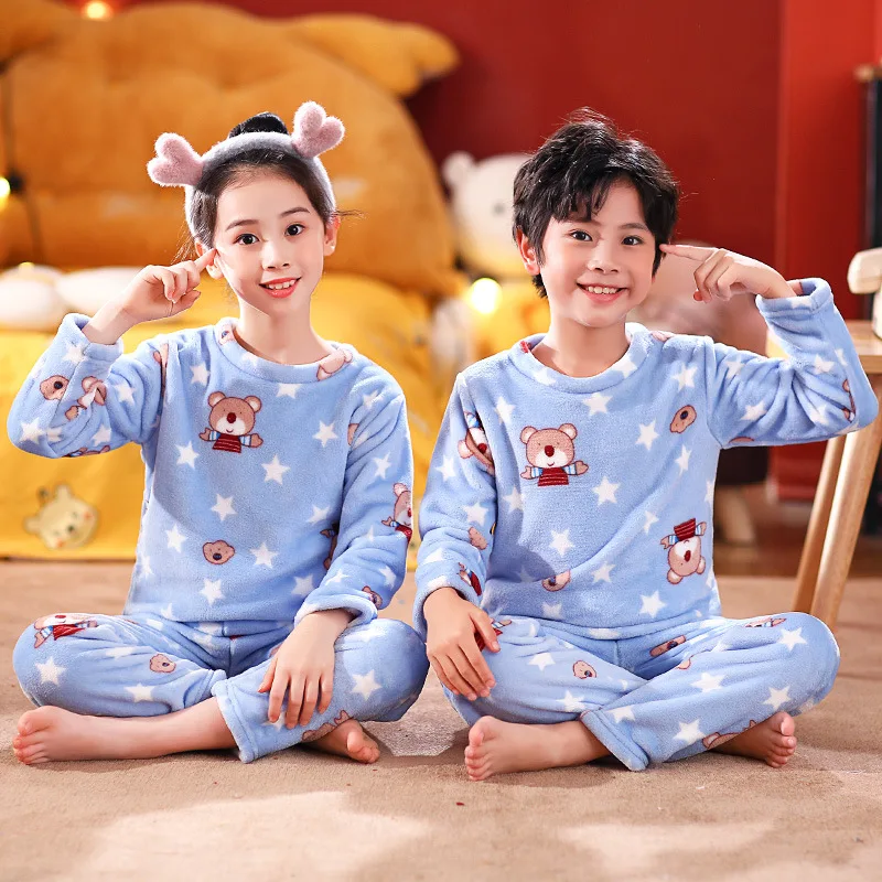 Pijamas de manga larga para ni&ntilde;os y ni&ntilde;as, ropa de dormir de lana Coral, conjuntos de pijamas para ni&ntilde;os de 6, 8, 10, 12 y 16 a&ntilde;os, Invierno-2