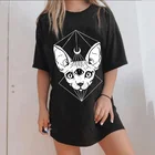 Футболка sunfize HJN в стиле панк, готика, Сфинкс, голова кошки, луна, принт, черная футболка с символом ведьмы, футболки для девочек в готическом стиле, Женская хлопковая футболка