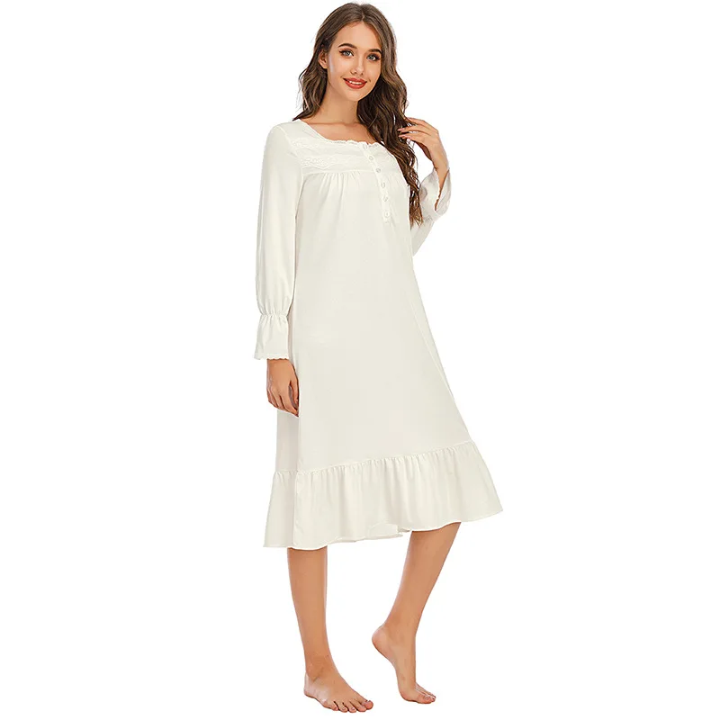 

2020 autumn and winter round neck home wear comfortable casual long sleeve large size white nightgown night dress sleepwear