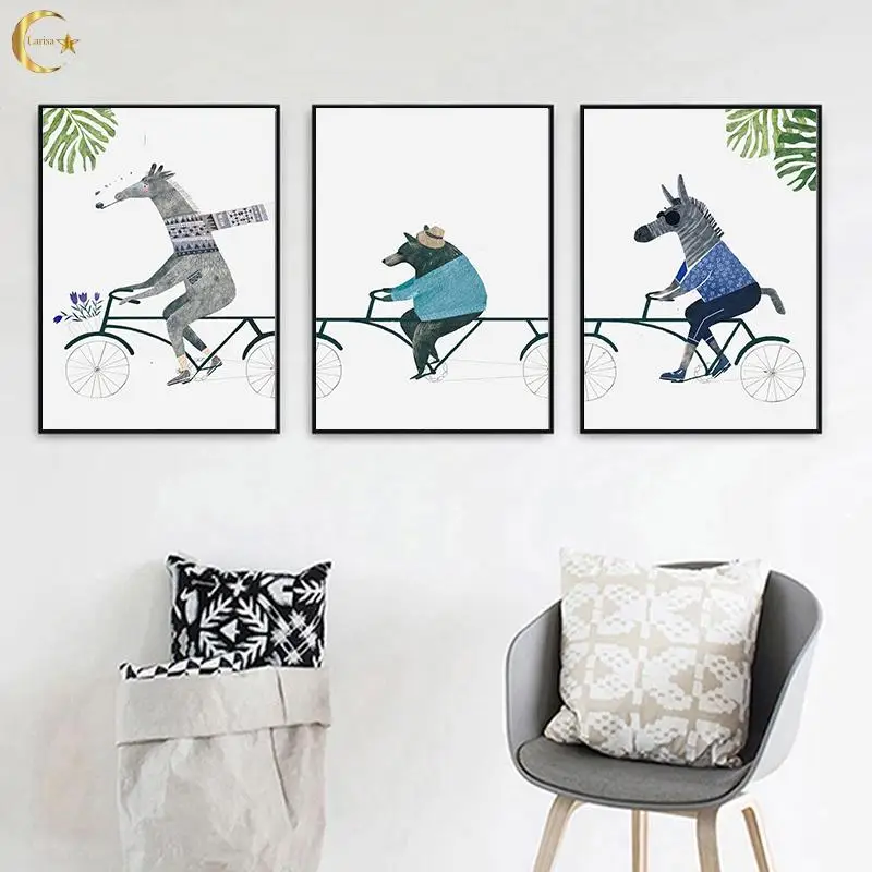 

Bear Deer Zebra Bicycle Canvas Painting Cartoon Animal Wall Picture Wall Art Posters and Prints Boy Kids Room Decoration