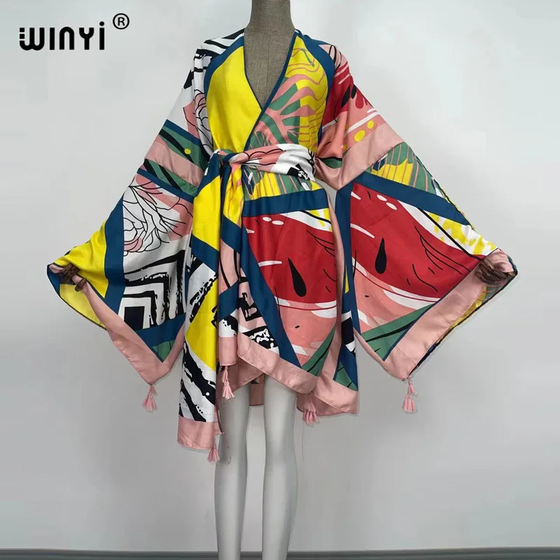 WINYI 2021 Africa Summer Women Cardigan stitch new robe Cocktail sexcy Boho Maxi African Holiday Batwing Sleeve Silk Robe