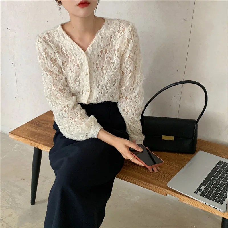 

Korean Crochet Flower Lace Blouse Women V-Neck Single Breasted Spring Shirts Tops See-through Elegant Sweet Long Sleeve Apricot