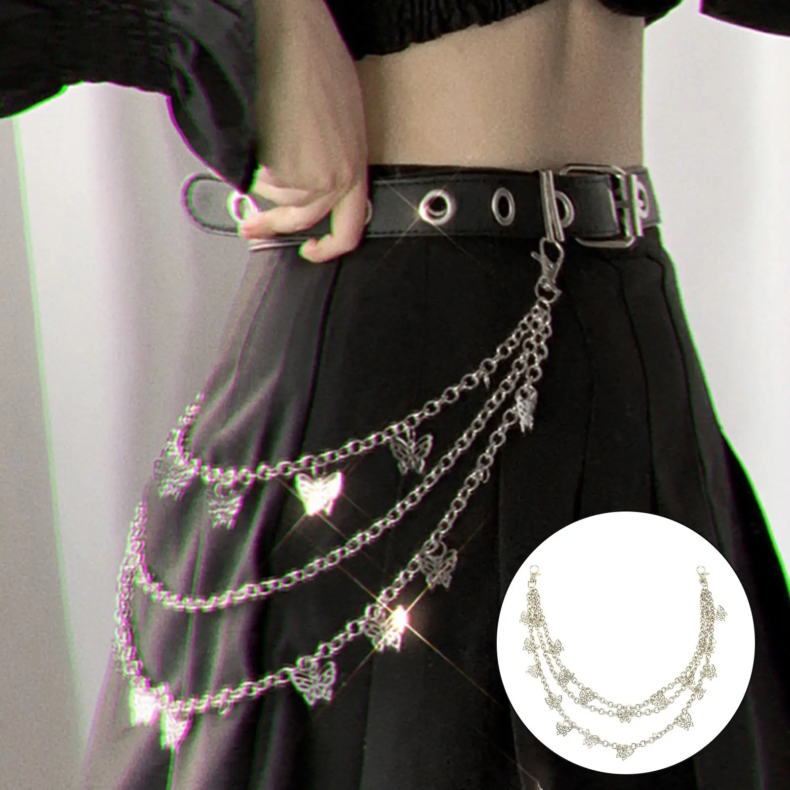 

Punk Fashion Waist Belt Chain Butterfly Charm Adjustable for Women Men Teenagers Jeans Trousers Keychain Jewelry Party Travel