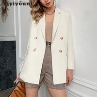 yiyiyouni office lady white blazers women solid single breasted coats female autumn winter long sleeve jackets women pockets new