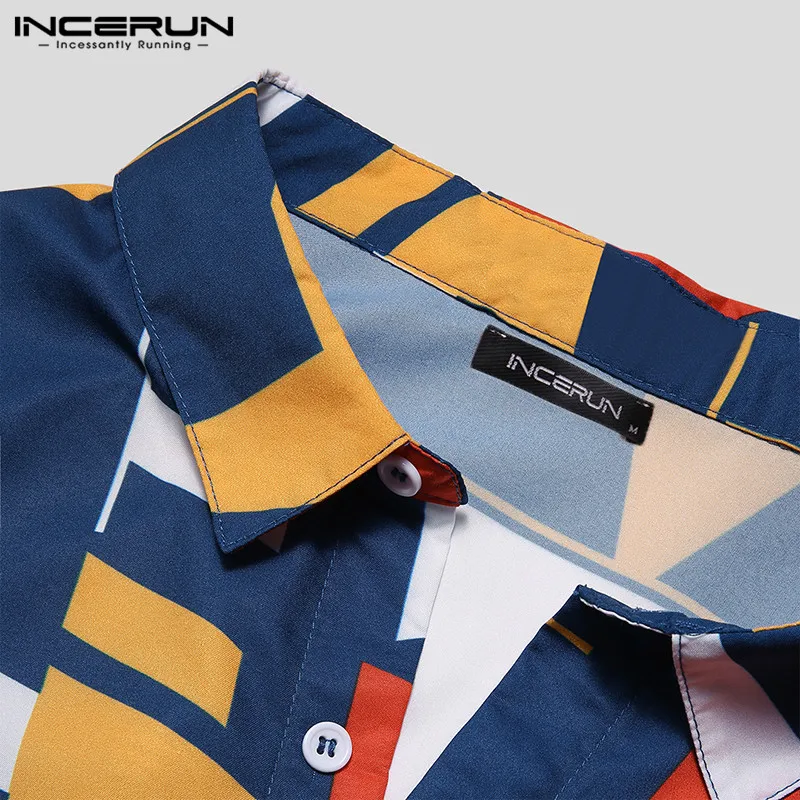 INCERUN Summer Men Hawaiian Shirt Geometric Print Short Sleeve Lapel Neck Button Casual Beach Shirts Men 2022 Streetwear S-5XL