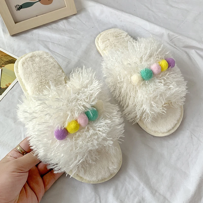 Меховые дизайнерские хлопковые шлепанцы 2021 зимние модные на плоской подошве