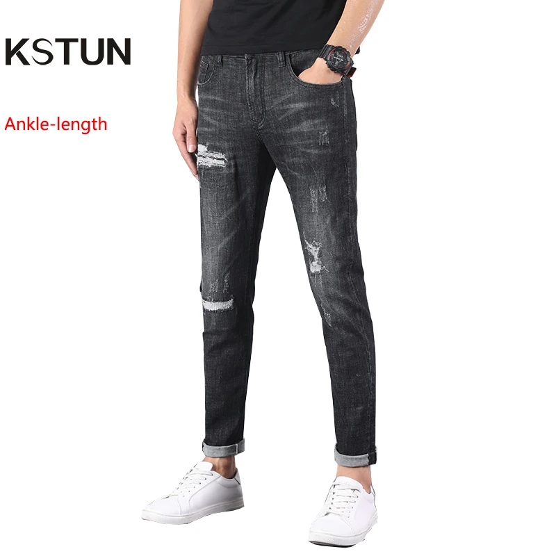 Мужские рваные джинсы KSTUN черные Стрейчевые облегающие потертые уличные брюки в