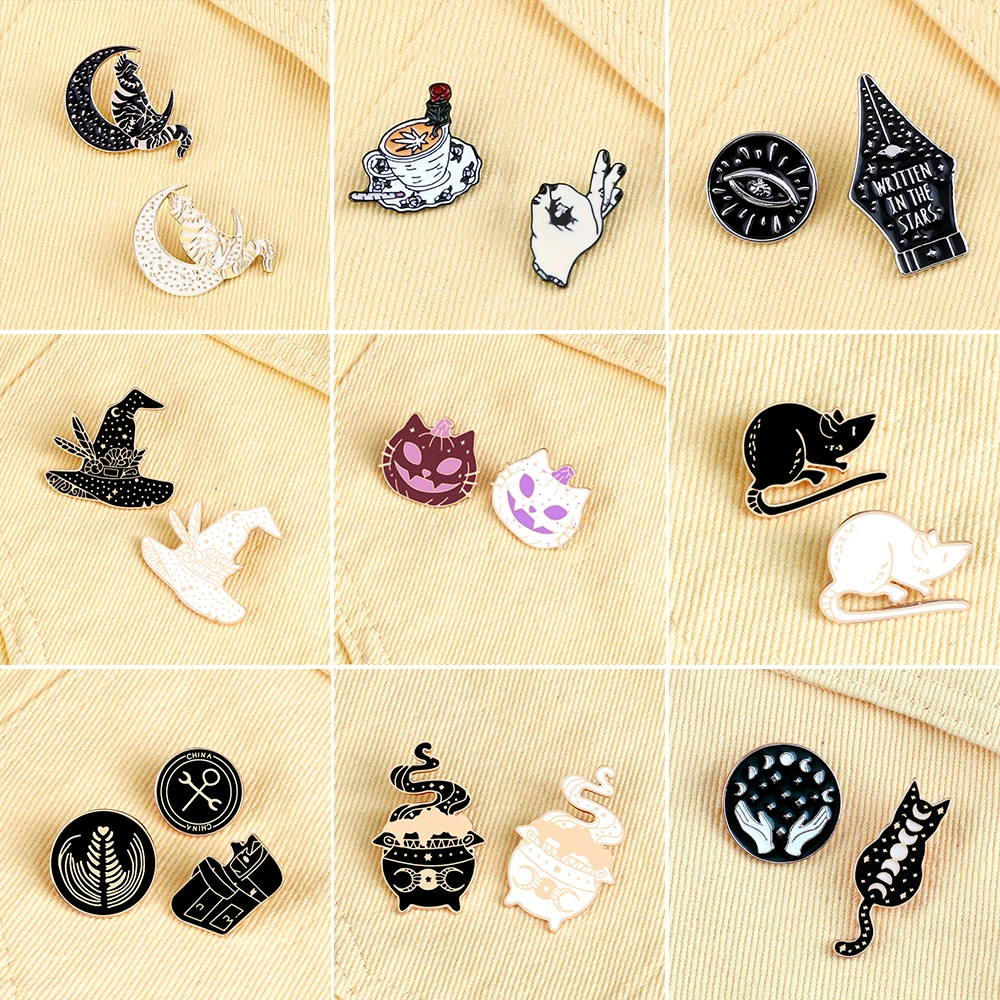 2-3Pcs/lot White Black Color Enamel Pins High Quality Magic Hat Cat Pen Brooches Men Coat Lapel Pin Badges Jewelry Gift for Frie