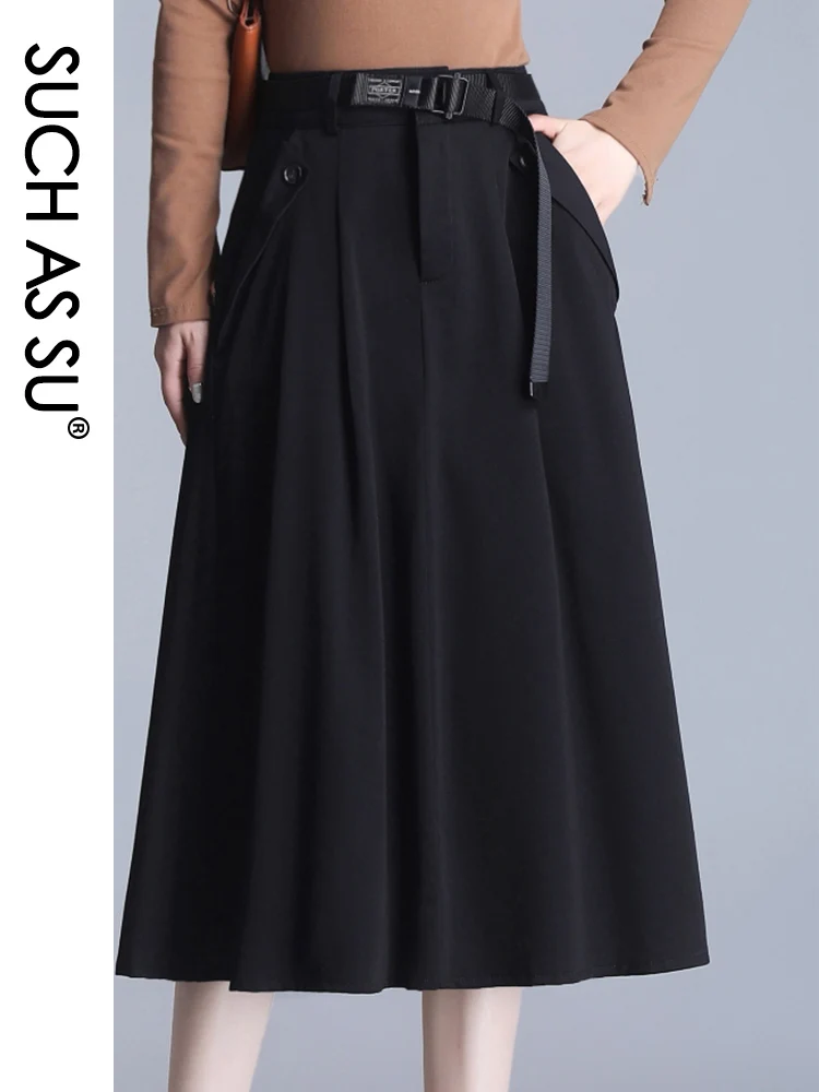 

SUCH AS SU New 2021 Black Pleated Skirts Mid-Long Casual S-3XL Size Skirt Female Pockets Elastic High Waist Nylon Cotton Skirt