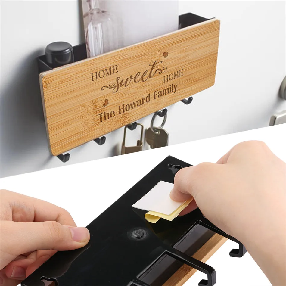 

Bamboo Key Hanger Personalized Carved Family Name Home Sweet Home Wall Hook Racks Storage Organizer Sundries Wall-hanging Rack