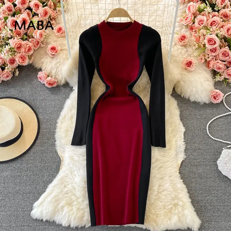 

2021 Autumn Winter Women Knitted Dress O-neck Long Sleeve Hit Color Bodycon Pencil Dress Korean Casual Streetwear Sweater Dress