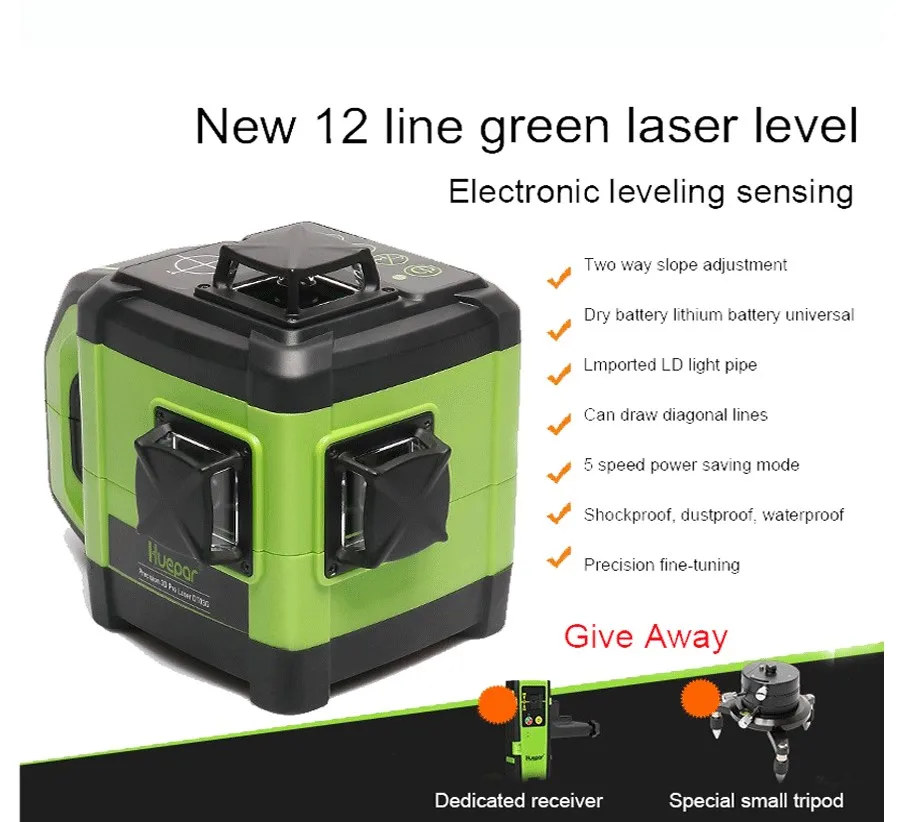 

Huepar Electronic Self-Leveling 3D Green Beam Laser Level 3x360 Cross Line Three-Plane Leveling Alignment -Dual Slope Function
