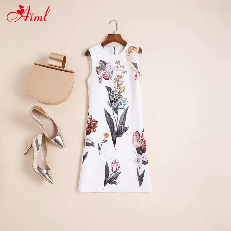 

Designer Fashion Runway Summer Crystal Beaded Short Dress Female Elegant Flower Print Jacquard Sleeveless White Mini Dresses New